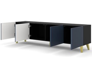 Miniaturka 10 - Granatowa szafka RTV z pionowymi listwami, złote nóżki, styl glamour