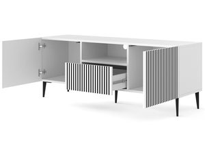 Miniaturka 8 - Biała szafka RTV z pionowymi listwami, otwierane drzwi, styl minimalistyczny