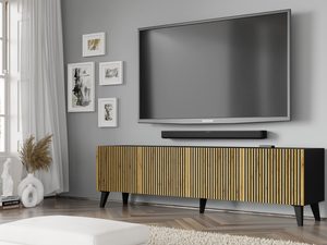 Miniaturka 7 - Drewniana szafka RTV z pionowymi listwami, czarne nóżki, styl loftowy