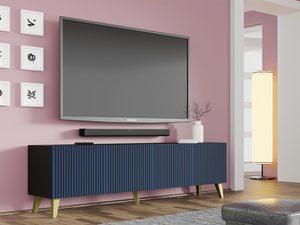 Miniaturka 12 - Granatowa szafka RTV z pionowymi listwami, złote nóżki, styl glamour