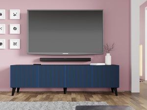 Miniaturka 16 - Granatowa szafka RTV z pionowymi listwami, czarne nóżki, styl glamour