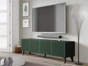 Miniaturka 24 - Zielona szafka RTV z pionowymi listwami, czarne nóżki, styl industrialny