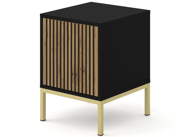 Czarna szafka nocna z drewnianymi frontami, styl loftowy