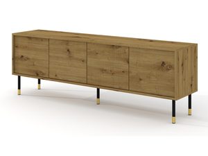 Miniaturka 6 - Drewniana szafka RTV z poziomym frezowaniem, złote nóżki, styl rustykalny