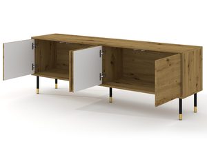 Miniaturka 7 - Drewniana szafka RTV z otwieranymi drzwiami, złote nóżki, styl loftowy