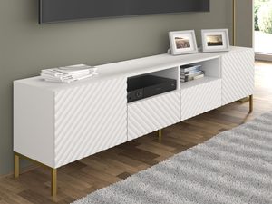 Miniaturka 5 - Nowoczesna biała szafka RTV z frezowanymi frontami, styl skandynawski, złote nóżki
