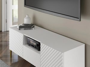 Miniaturka 6 - Przestronna biała szafka RTV z frezowanymi frontami, styl minimalistyczny