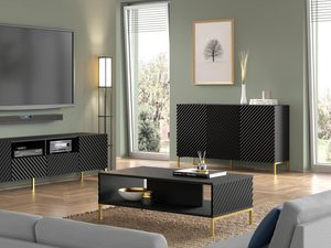 Miniaturka 16 - Czarna szafka RTV z frezowanymi frontami, złote nóżki, styl industrialny