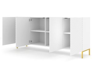 Miniaturka 2 - Biała szafka RTV z frezowanymi frontami, otwierane drzwi, złote nóżki