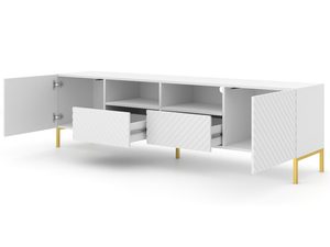 Miniaturka 2 - Biała szafka RTV z frezowanymi frontami, styl skandynawski, złote nóżki