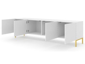 Miniaturka 2 - Biała szafka RTV z frezowanymi frontami, otwierane drzwi, złote nóżki