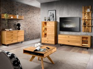 Miniaturka 3 - Salon w stylu industrialnym z drewnianymi meblami i podświetleniem LED, aranżacja wnętrza