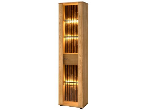 Drewniana witryna z podświetleniem LED i przeszklonymi półkami, styl industrialny, dąb litego drewna