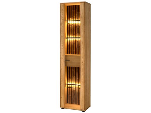 Drewniana witryna z podświetleniem LED i przeszklonymi półkami, styl industrialny, dąb litego drewna