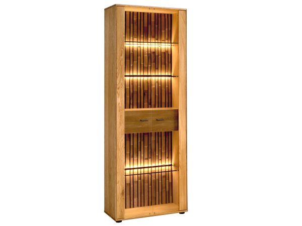 Drewniana witryna z podświetleniem LED i przeszklonymi półkami, styl industrialny, dąb litego drewna