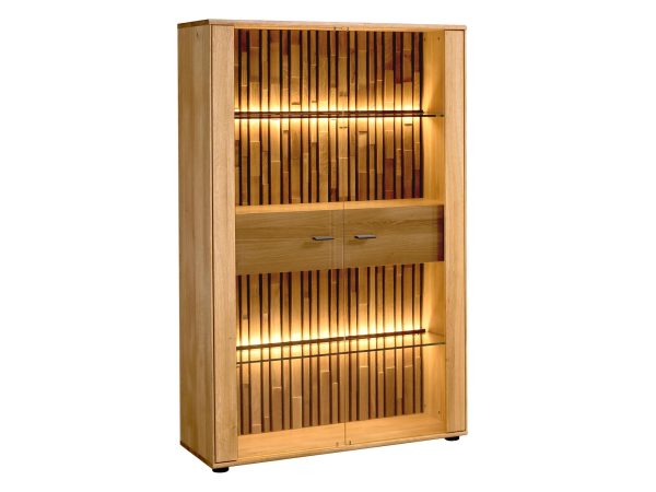 Drewniana witryna z podświetleniem LED i przeszklonymi półkami, styl industrialny, dąb litego drewna