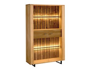 Miniaturka 1 - Drewniana witryna z podświetleniem LED i przeszklonymi półkami, styl industrialny, dąb litego drewna