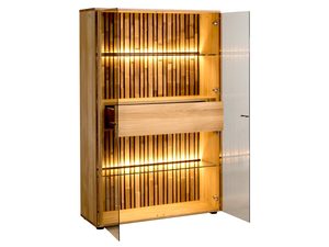 Miniaturka 1 - Drewniana witryna z podświetleniem LED i przeszklonymi półkami, styl industrialny, dąb litego drewna