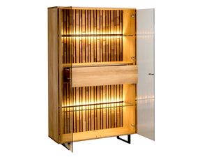 Miniaturka 2 - Drewniana witryna z podświetleniem LED i przeszklonymi półkami, styl industrialny, dąb litego drewna