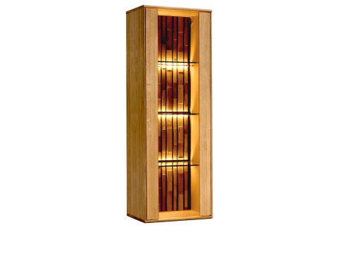 Drewniana witryna z podświetleniem LED i przeszklonymi półkami, styl industrialny, dąb litego drewna