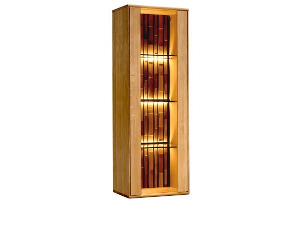 Drewniana witryna z podświetleniem LED i przeszklonymi półkami, styl industrialny, dąb litego drewna