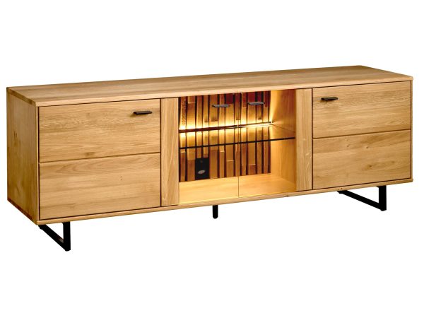 Drewniana szafka RTV z podświetleniem LED i półkami, styl industrialny, dąb litego drewna