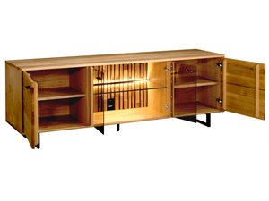 Miniaturka 1 - Drewniana szafka RTV z podświetleniem LED i półkami, styl industrialny, dąb litego drewna