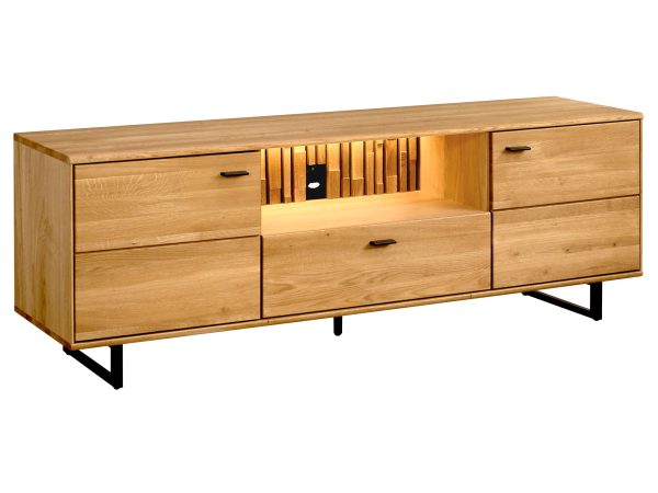 Drewniana szafka RTV z podświetleniem LED i szufladami, styl industrialny, dąb litego drewna