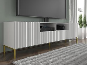 Miniaturka 3 - Biała szafka RTV z pionowymi listwami, otwierane drzwi, styl minimalistyczny