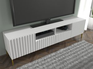 Miniaturka 4 - Biała szafka RTV z pionowymi listwami, otwierane drzwi, styl skandynawski