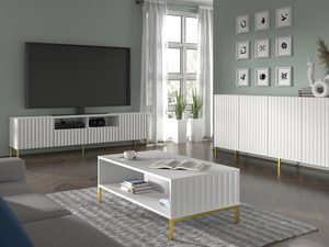 Miniaturka 5 - Biała szafka RTV z pionowymi listwami, otwierane drzwi, styl skandynawski