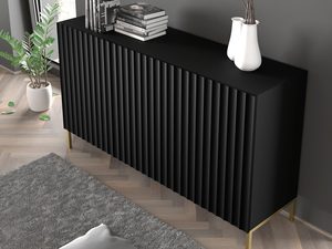 Miniaturka 5 - Nowoczesna czarna komoda z pionowymi listwami, złote nóżki, z perspektywy