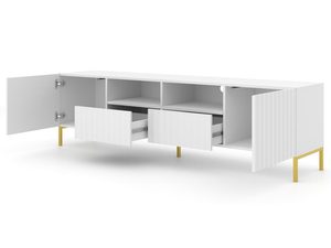 Miniaturka 12 - Biała szafka RTV z pionowymi listwami, otwierane drzwi, złote nóżki