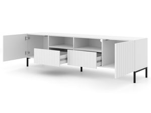 Miniaturka 13 - Biała szafka RTV z pionowymi listwami, otwierane drzwi, styl minimalistyczny