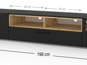 Miniaturka 9 - Szafka RTV z czarnym korpusem, drewnianymi półkami i otwartymi wnękami w industrialnym stylu