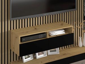 Miniaturka 3 - Zestaw mebli RTV z drewnianymi półkami i czarnymi frontami w nowoczesnym stylu do salonu