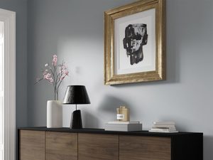 Miniaturka 3 - Komoda z ciemnymi drewnianymi frontami, czarnymi metalowymi nogami i geometrycznym wzorem w stylu loftowym do industrialnego wnętrza