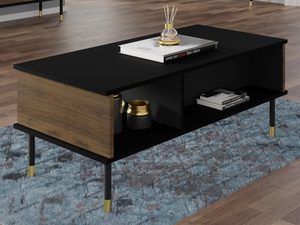 Miniaturka 2 - Stolik kawowy z czarnymi frontami, drewnianym blatem i złotymi nogami w stylu industrialnym do nowoczesnego wnętrza