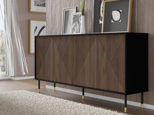 Miniaturka 4 - Czarna komoda z geometrycznymi frontami, złotymi nogami i smukłym metalowym korpusem w stylu industrialnym do luksusowego wnętrza