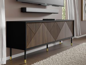 Miniaturka 3 - Komoda z drewnianymi frontami, czarnym korpusem i złotymi nogami w stylu retro do eleganckiego wnętrza