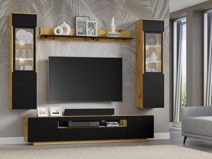 Miniaturka 1 - Zestaw mebli RTV z drewnianymi półkami i czarnymi frontami w loftowym stylu