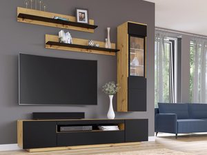 Miniaturka 1 - Szafka RTV z drewnianym blatem, czarnym korpusem i otwartymi półkami w industrialnym stylu