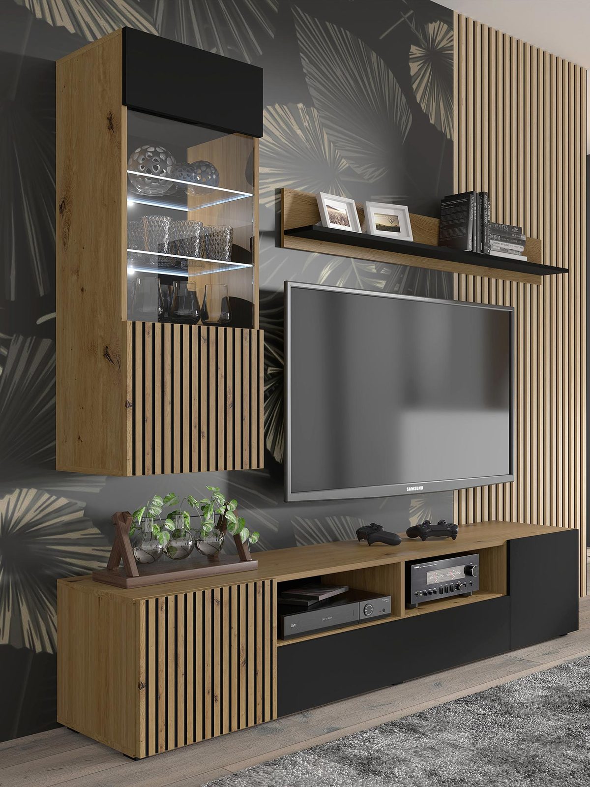 Zestaw mebli RTV z drewnianymi frontami i czarnymi korpusami w loftowym stylu