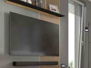 Miniaturka 2 - Zestaw mebli RTV z drewnianymi frontami i czarnymi korpusami w industrialnym stylu