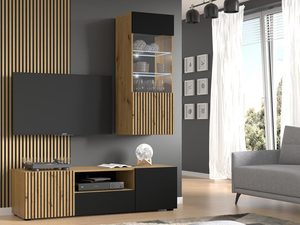 Miniaturka 1 - Zestaw mebli RTV z drewnianymi frontami i czarnymi korpusami w minimalistycznym stylu