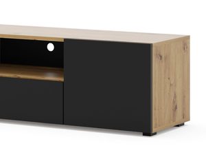 Miniaturka 3 - Nowoczesna szafka RTV z drewnianym blatem, czarnym korpusem i otwartymi półkami