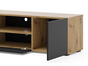 Miniaturka 4 - Szafka RTV z drewnianym blatem, czarnym korpusem i otwartymi półkami w industrialnym stylu