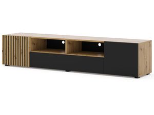 Miniaturka 5 - Nowoczesna szafka RTV z drewnianym blatem i czarnym korpusem w minimalistycznym stylu