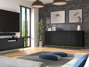 Miniaturka 6 - Komoda z czarnymi frontami o pikowanym wzorze i smukłymi złotymi nogami w stylu glamour do eleganckiego salonu