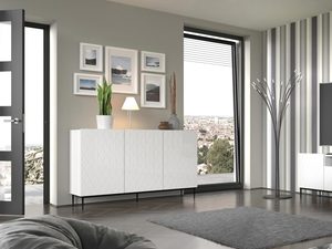 Miniaturka 12 - Biała komoda z geometrycznymi frontami i smukłymi czarnymi metalowymi nogami w stylu retro do nowoczesnego wnętrza